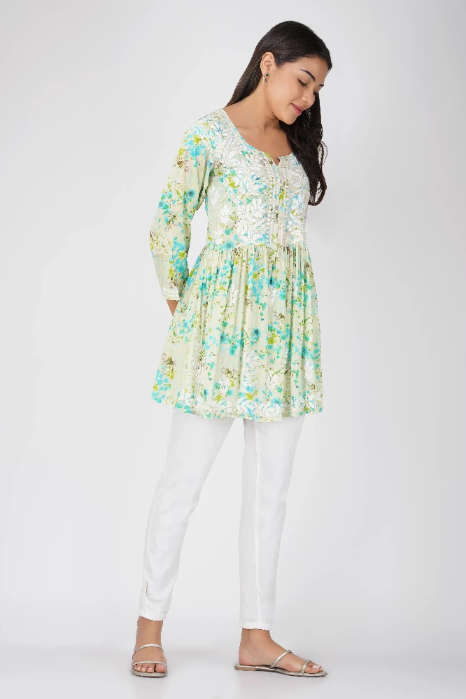 Green Short Malmal  Cotton Chikankari Gown-5.webp